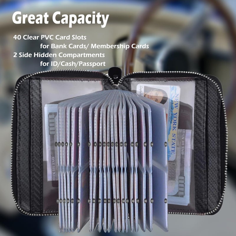 YUHAN PRETTY Credit Card Holder Wallet Large Leather Passport Case 42 Card Slots (Carbon Fiber Leather - Black) - Image 3